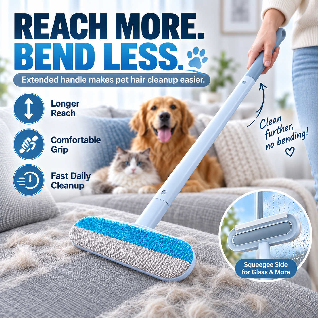 🐾 LIMITED-TIME 49% OFF Pet Hair Remover Brush – Long Handle & 2-in-1 Cleaning