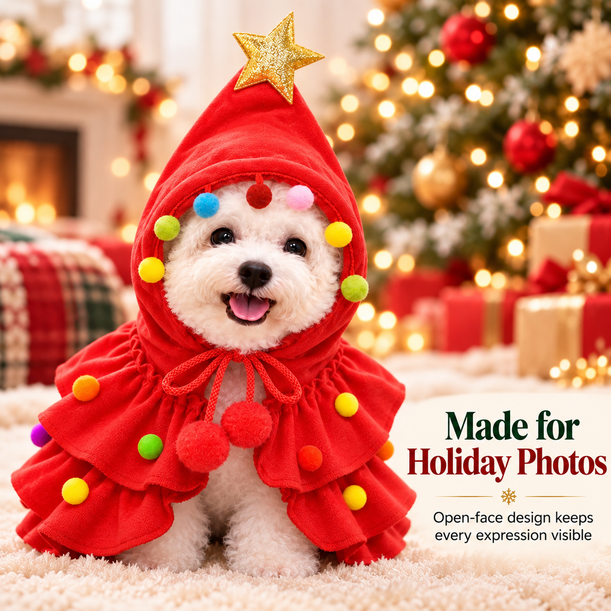 🎄 Christmas Tree Pet Cape Costume with Gold Star & Pom-Poms for Dogs & Cats 📸