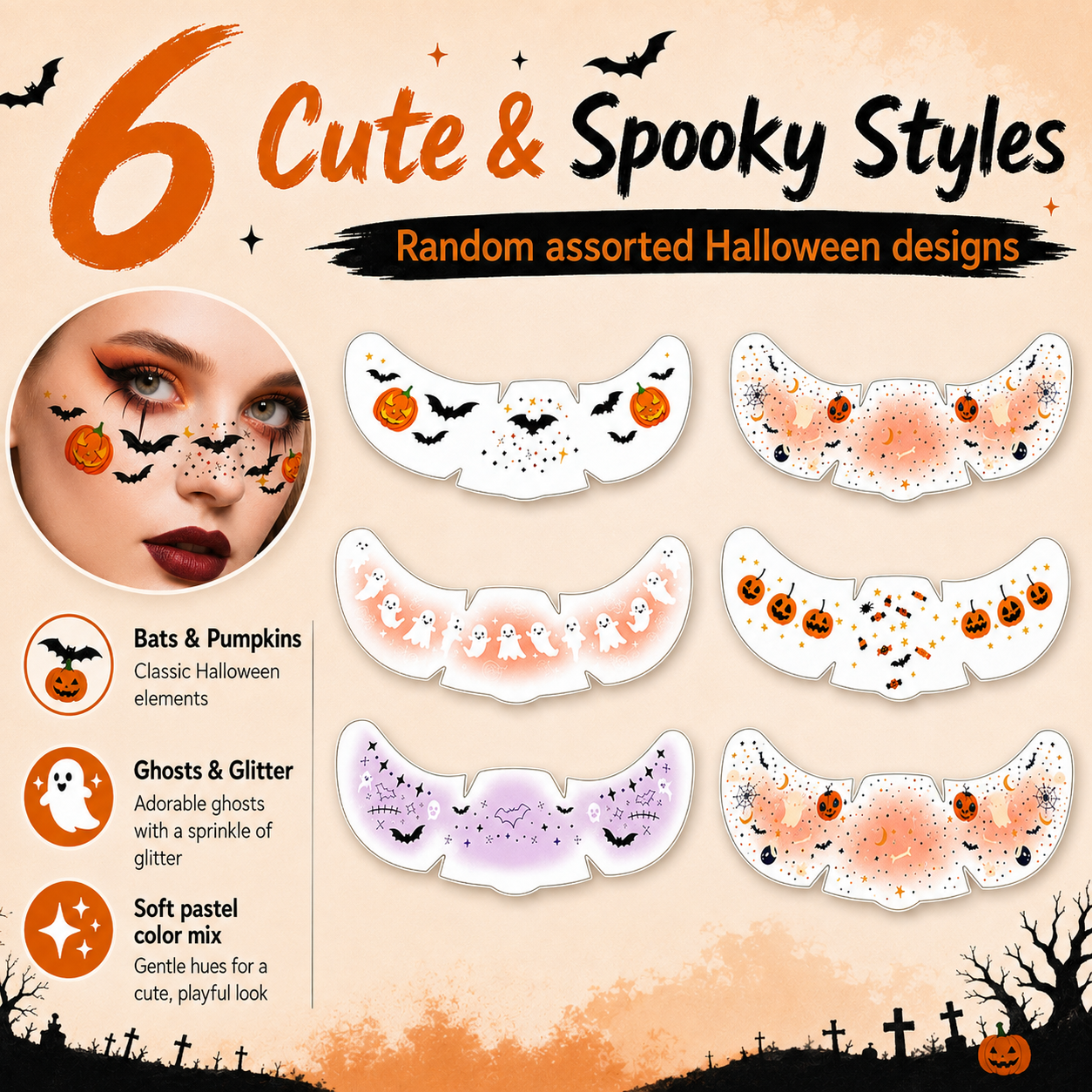 🎃 50% OFF 6PCS Halloween Under-Eye Face Stickers – Instant Spooky Makeup Set