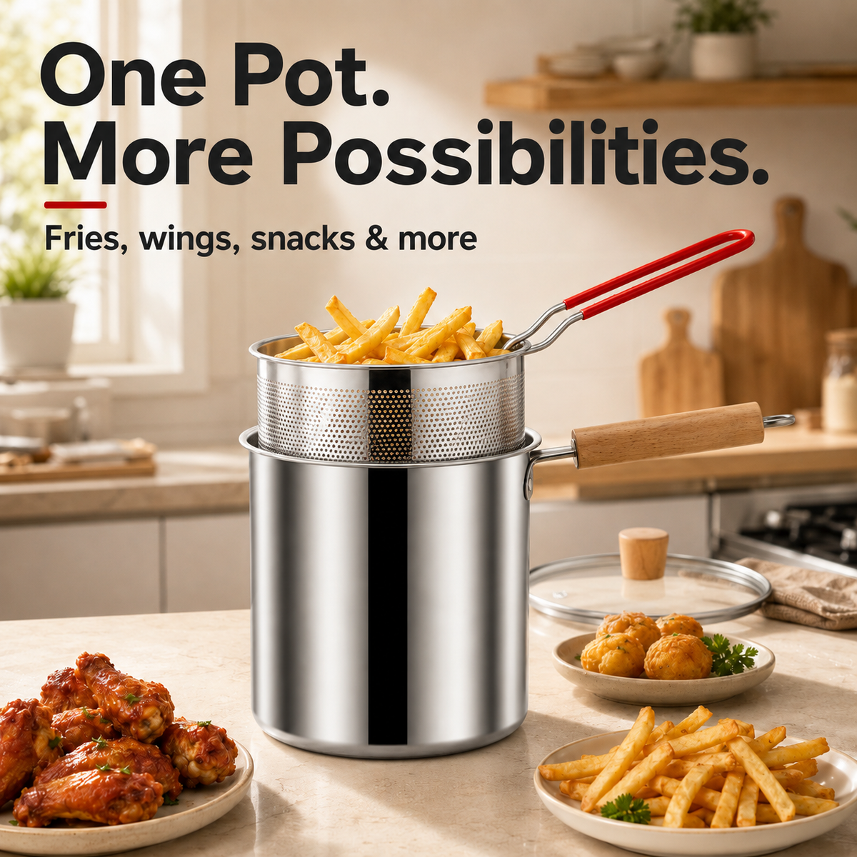 🍟 Personal Mini Deep Fryer Set – Stainless Steel Pot with Lift-Out Draining Basket & Food Tongs