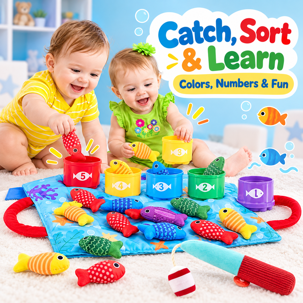 🐟 22-Piece Soft Fishing Toy Set – Color Matching & Early Learning Fun for Babies & Toddlers
