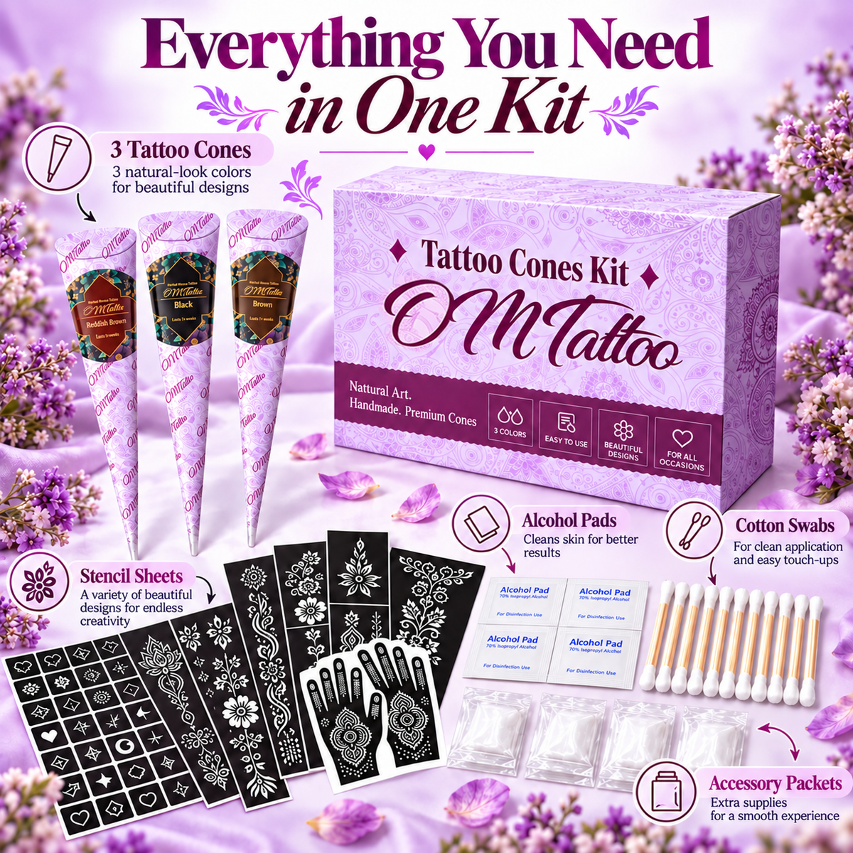 🌸 Henna Tattoo Kit with Stencils – Temporary Body Art Cones for Hands & Creative Designs ✨