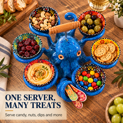 🐙 Handmade Coastal Octopus Snack Server & Divided Dip Bowl Tabletop Centerpiece 🍿