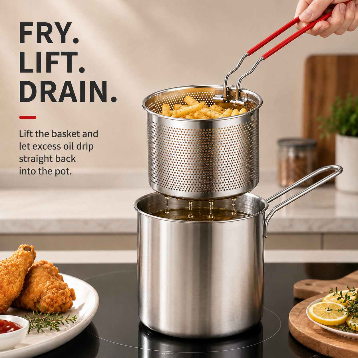 🔥 50% OFF Fry, Lift & Drain Stainless Steel Fryer Set 🍤