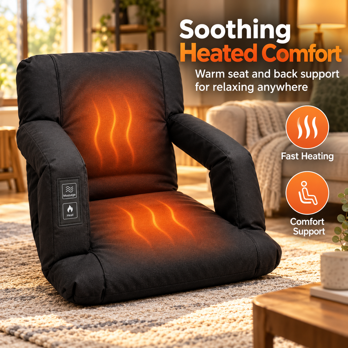 🔥 Heated Massage Portable Floor Chair with Backpack Carrying Straps & Armrests 🪑