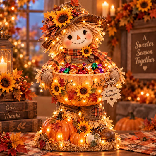 🍂 Thanksgiving Glowing Scarecrow Candy Bowl Centerpiece with Warm Harvest LED Lights 🎃