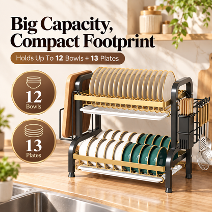 🍽️ Space-Saving 2-Tier Dish Drainer With Removable Drip Trays