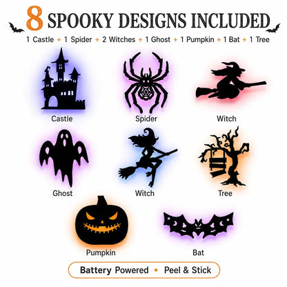 Battery-operated LED Halloween silhouette wall sticker—peel-and-stick decorative light.