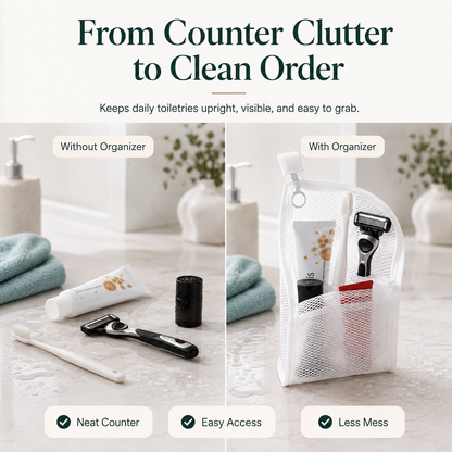 🧼 48% OFF Quick-Dry Mesh Bathroom Organizer – Self-Standing Toiletry Storage Bag