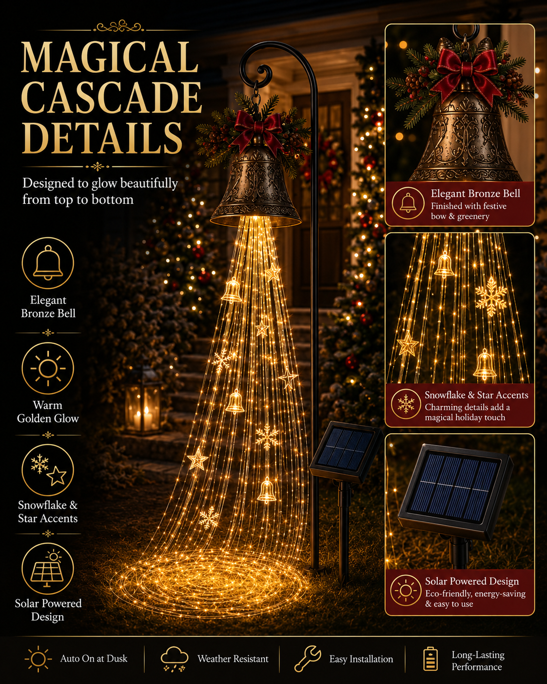🎄 50% OFF 🔔 Solar Christmas Bell Cascade Light – Magical Golden Yard Glow ✨