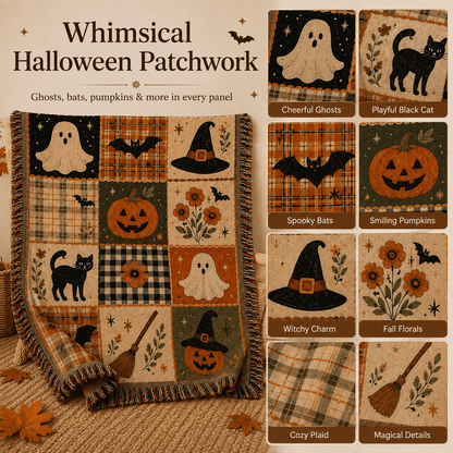 🎃 50% OFF Vintage Halloween Woven Throw 🍂 12-Tile Jacquard Blanket with Fringe