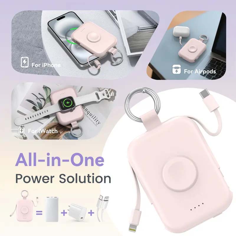 🔋5000mAh Portable Power Bank with Built-in Cables – 3-in-1 Travel Keychain Charger for iPhone, Apple Watch & AirPods, Compact Fast Charging Battery Pack
