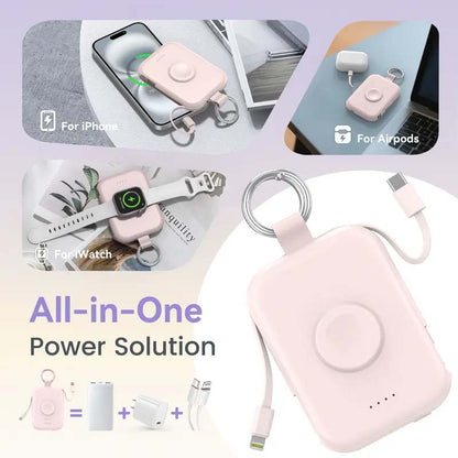 🔋5000mAh Portable Power Bank with Built-in Cables – 3-in-1 Travel Keychain Charger for iPhone, Apple Watch & AirPods, Compact Fast Charging Battery Pack