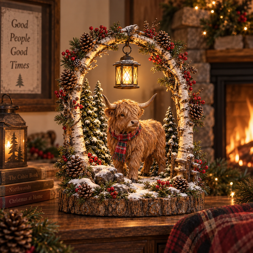 🐮🎄 Highland Cow Christmas Lantern – Cozy Woodland Holiday Décor
