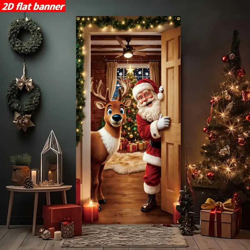 🎅55% OFF Santa & Reindeer Christmas Door Banner – Realistic 2D-Effect Holiday Decor