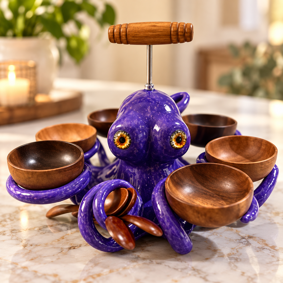 🐙 Handmade Coastal Octopus Snack Server & Divided Dip Bowl Tabletop Centerpiece 🍿