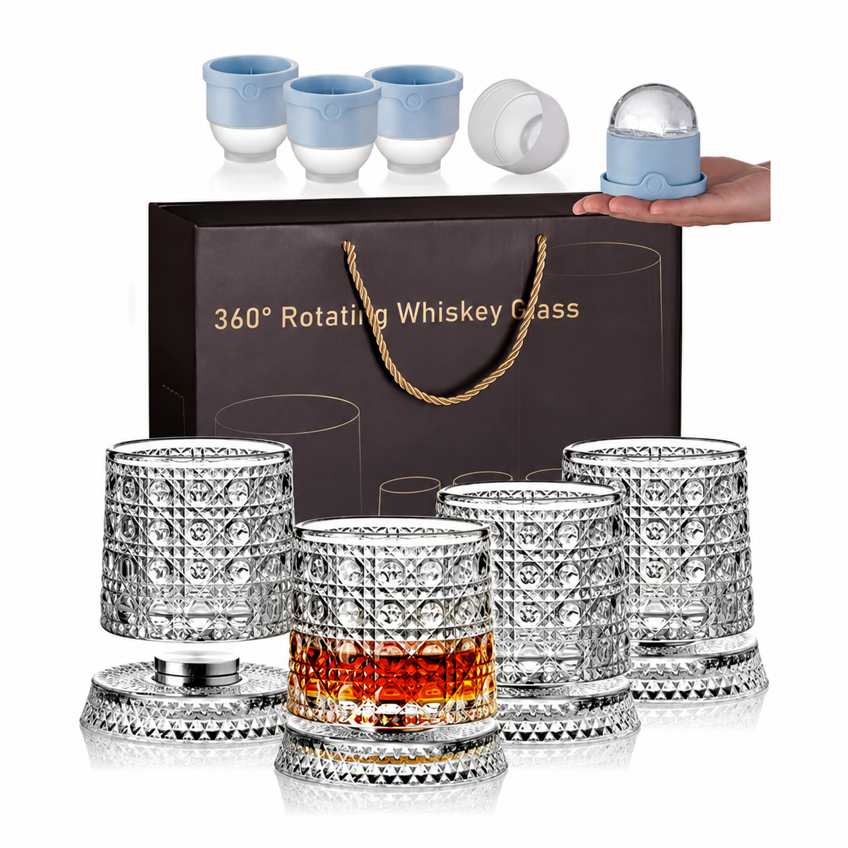 🥃 360° Spinning Crystal Whiskey Glass Gift Set with Large Ice Ball Molds (4-Piece) ✨