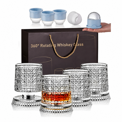 🥃 360° Spinning Crystal Whiskey Glass Gift Set with Large Ice Ball Molds (4-Piece) ✨