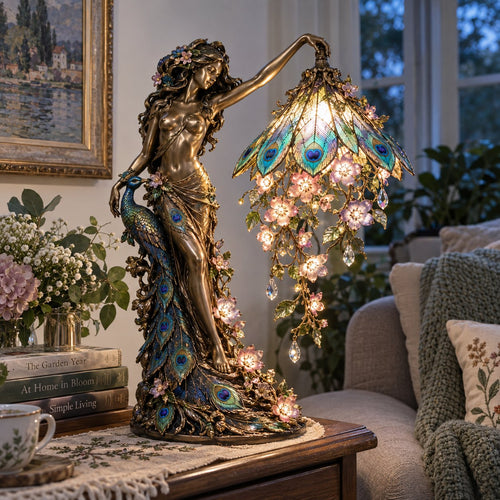 🦚 Elegant Peacock Lady Stained Glass Style Floral Accent Table Lamp with Ambient Glow ✨