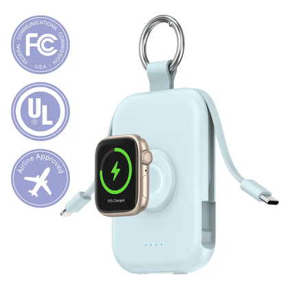 🔋5000mAh Portable Power Bank with Built-in Cables – 3-in-1 Travel Keychain Charger for iPhone, Apple Watch & AirPods, Compact Fast Charging Battery Pack
