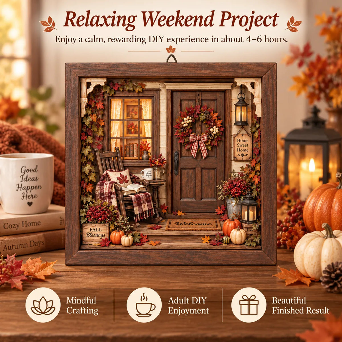 🍂 Autumn Reading Porch DIY 3D Wooden Shadow Box Craft Kit for Fall Decor 📚
