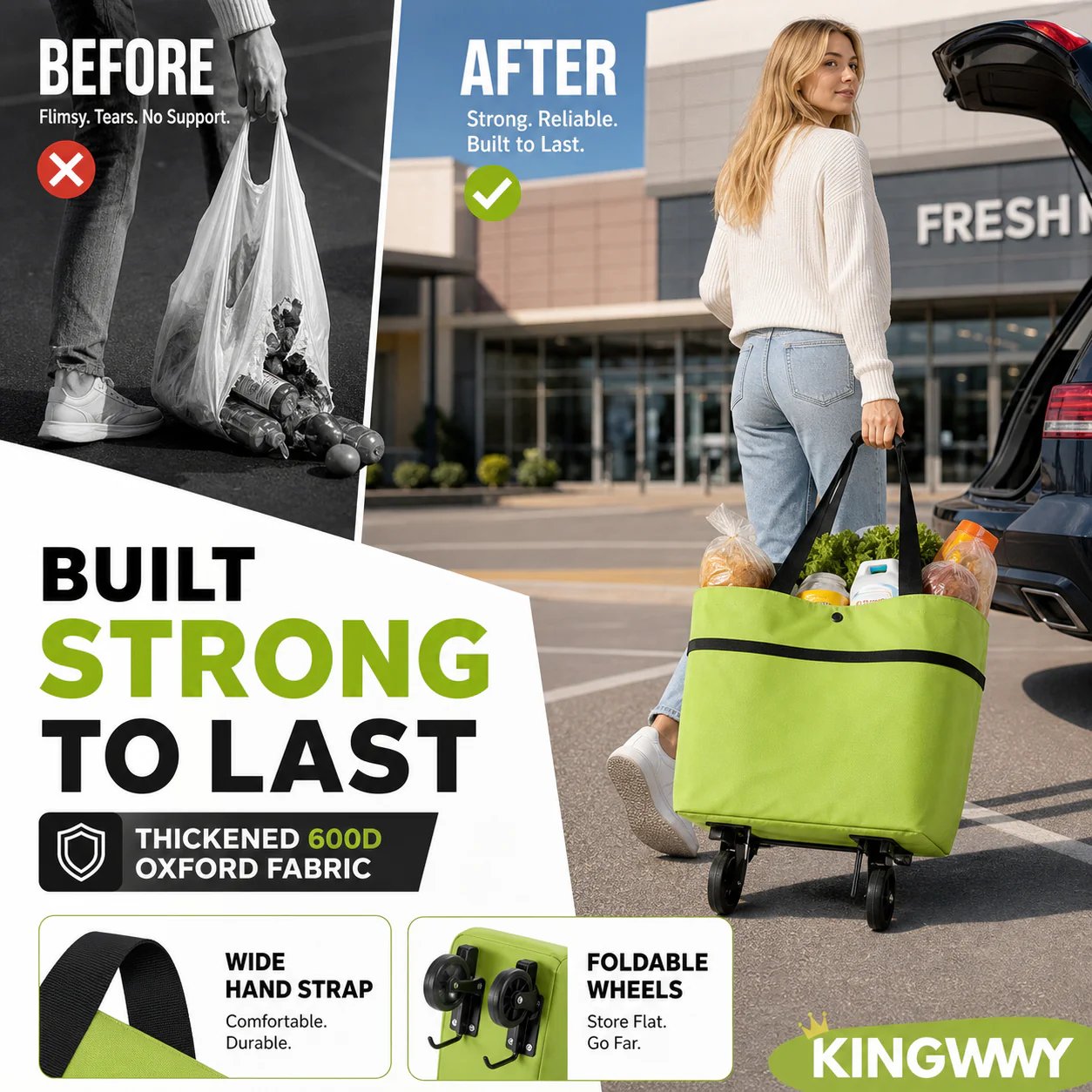 Shopping bag with wheels, foldable small trolley for groceries, portable, large-capacity women's bag for home use