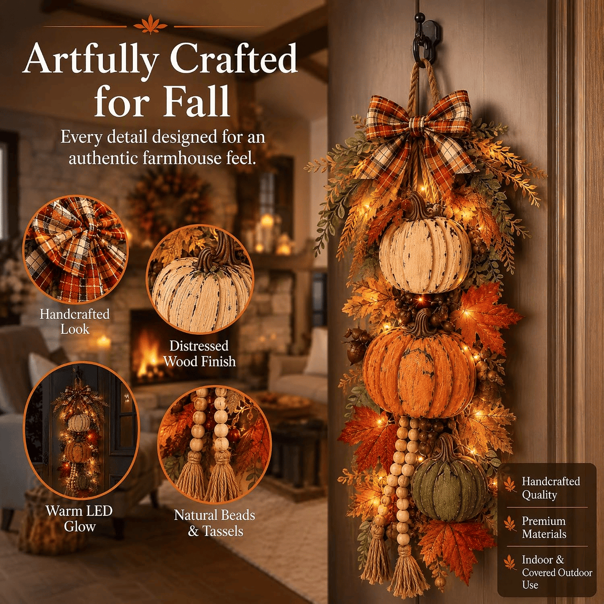 🎃 Lighted Rustic Wooden Pumpkin Door Hanger – Farmhouse Fall Porch & Thanksgiving Decor
