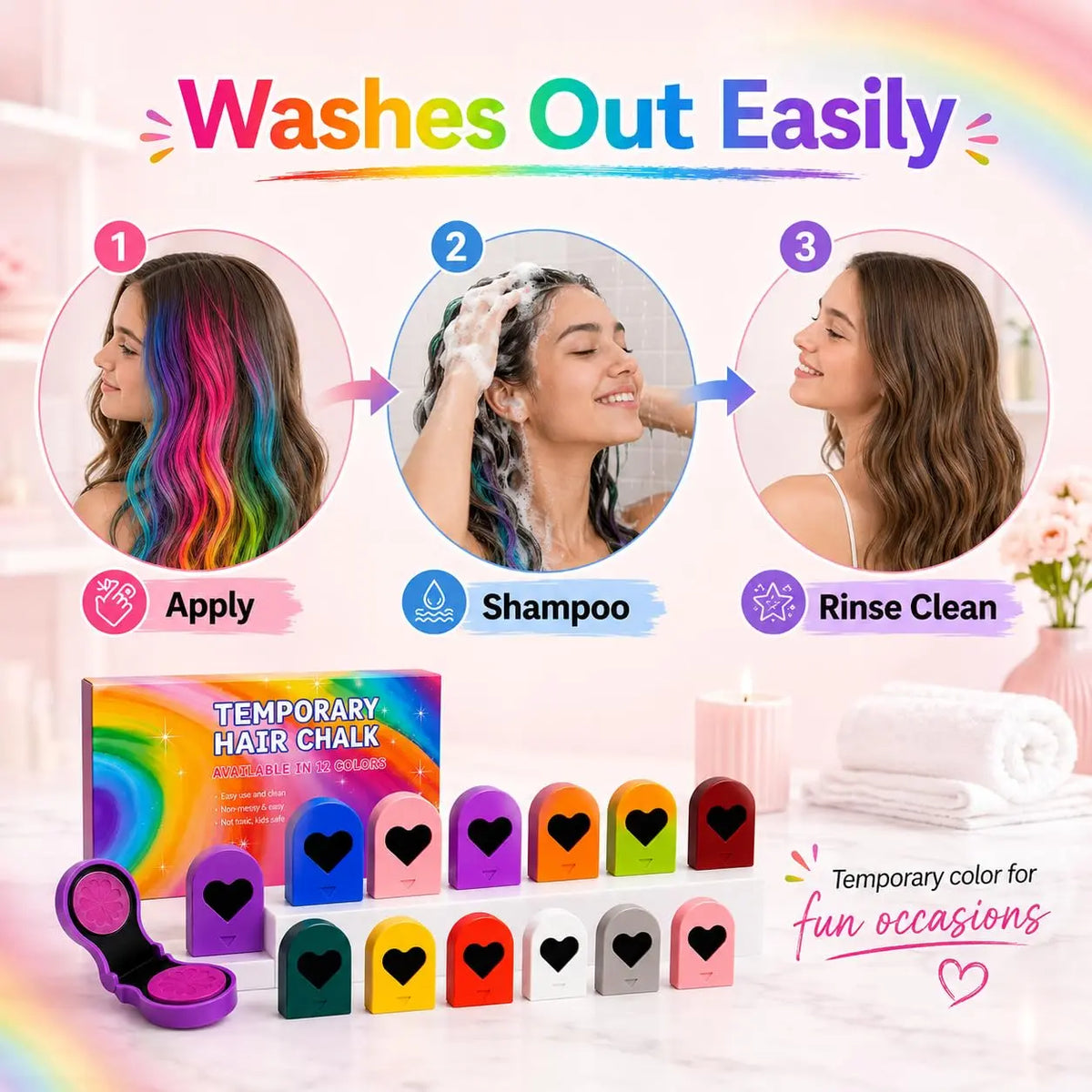 🌈 61% OFF 6/12PCS Temporary Hair Chalk Clips – Instant Washable Color, No Bleach Needed