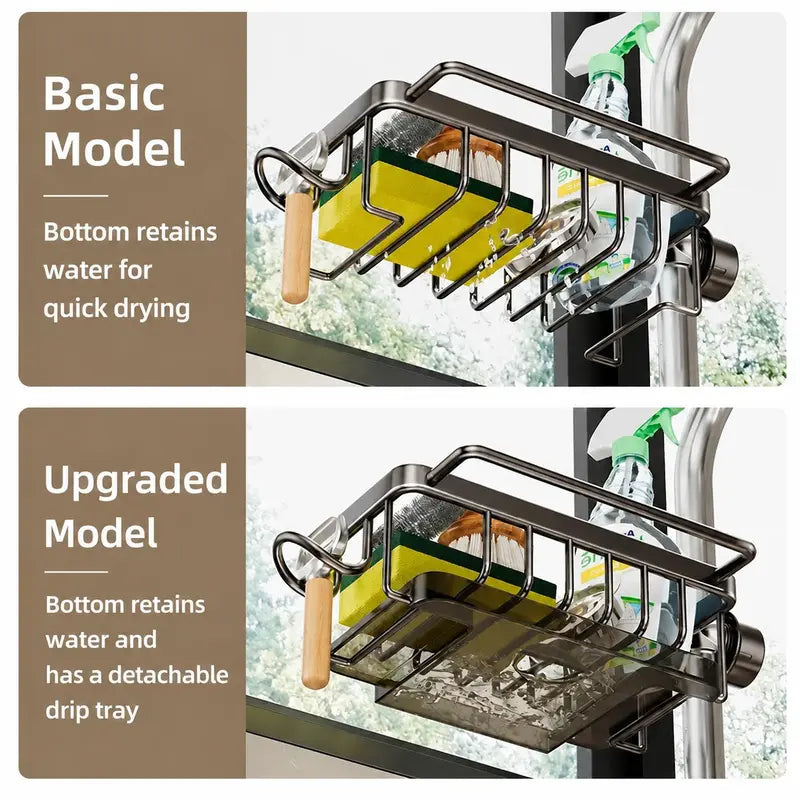 🧽 Faucet-Mounted Kitchen Sink Organizer Rack with Drain Tray & Hanging Hook 💧
