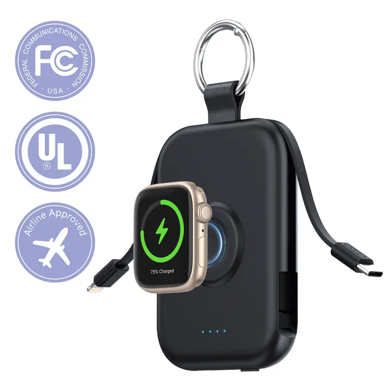 🔋5000mAh Portable Power Bank with Built-in Cables – 3-in-1 Travel Keychain Charger for iPhone, Apple Watch & AirPods, Compact Fast Charging Battery Pack
