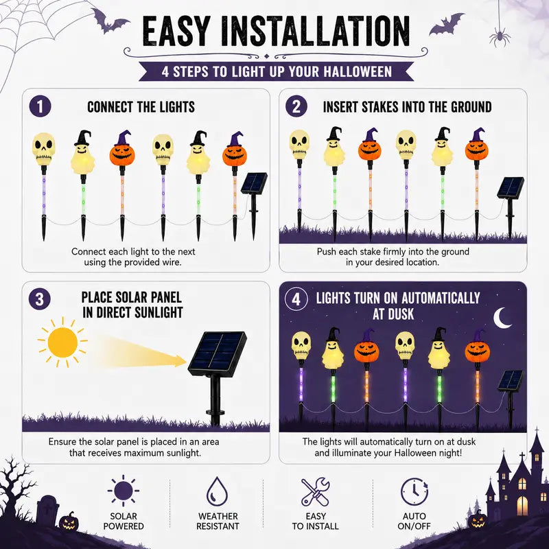 💀 Solar Halloween Stake Lights – Pumpkin Ghost Skull 6PCS & Retro Skull 5PCS