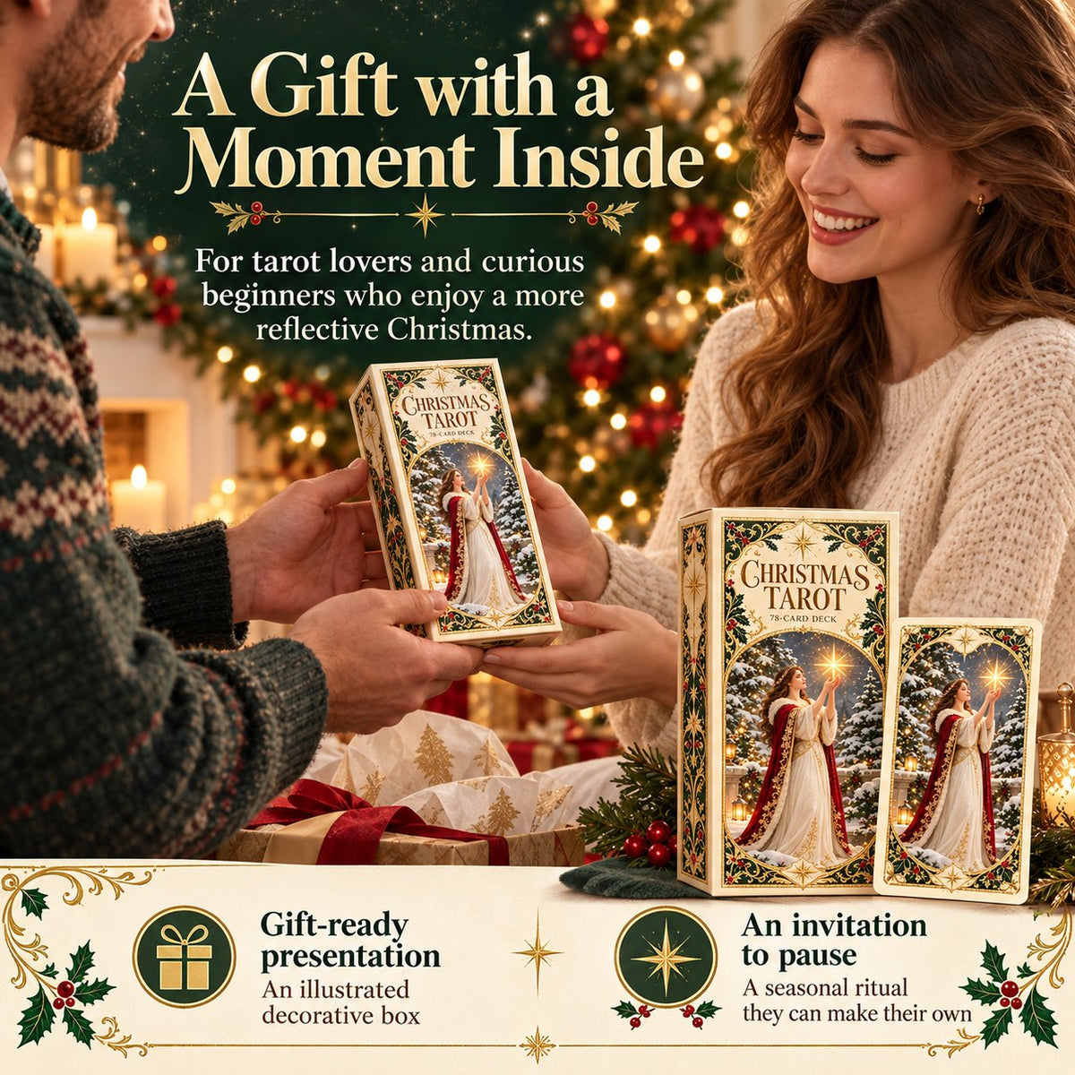 Last Day 49% OFF🎉-🔮  Complete 78-Card Christmas Holiday Tarot Deck with Guidebook & Gift Box 🎄