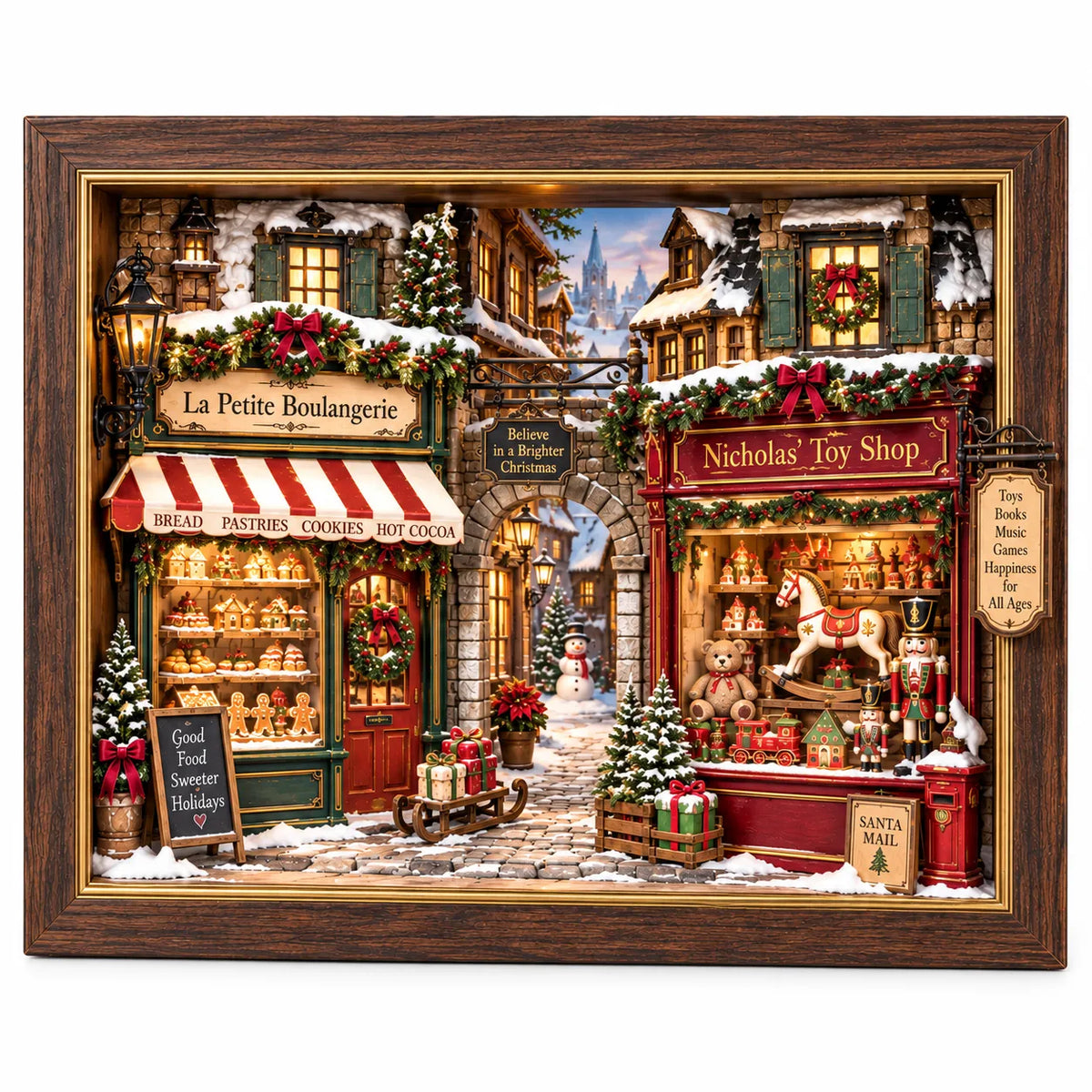 🎄 Old World Christmas 3D Wooden Shadow Box Snowy Village Holiday Keepsake Decor 🎁