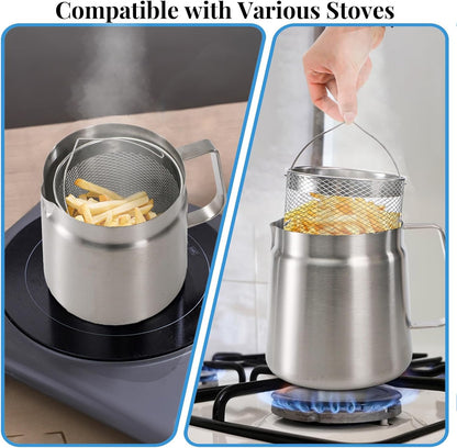 Stainless Steel Oil Filter Pot with Deep Fryer Basket, Stovetop Fryer