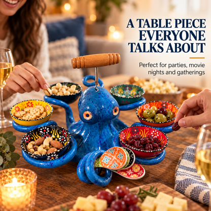 🐙 Handmade Coastal Octopus Snack Server & Divided Dip Bowl Tabletop Centerpiece 🍿