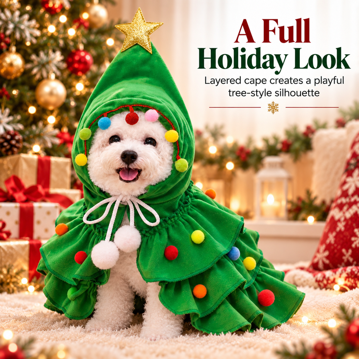 🎄 Christmas Tree Pet Cape Costume with Gold Star & Pom-Poms for Dogs & Cats 📸