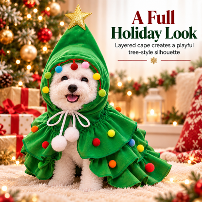 🎄 Christmas Tree Pet Cape Costume with Gold Star & Pom-Poms for Dogs & Cats 📸