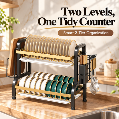 🍽️ Space-Saving 2-Tier Dish Drainer With Removable Drip Trays