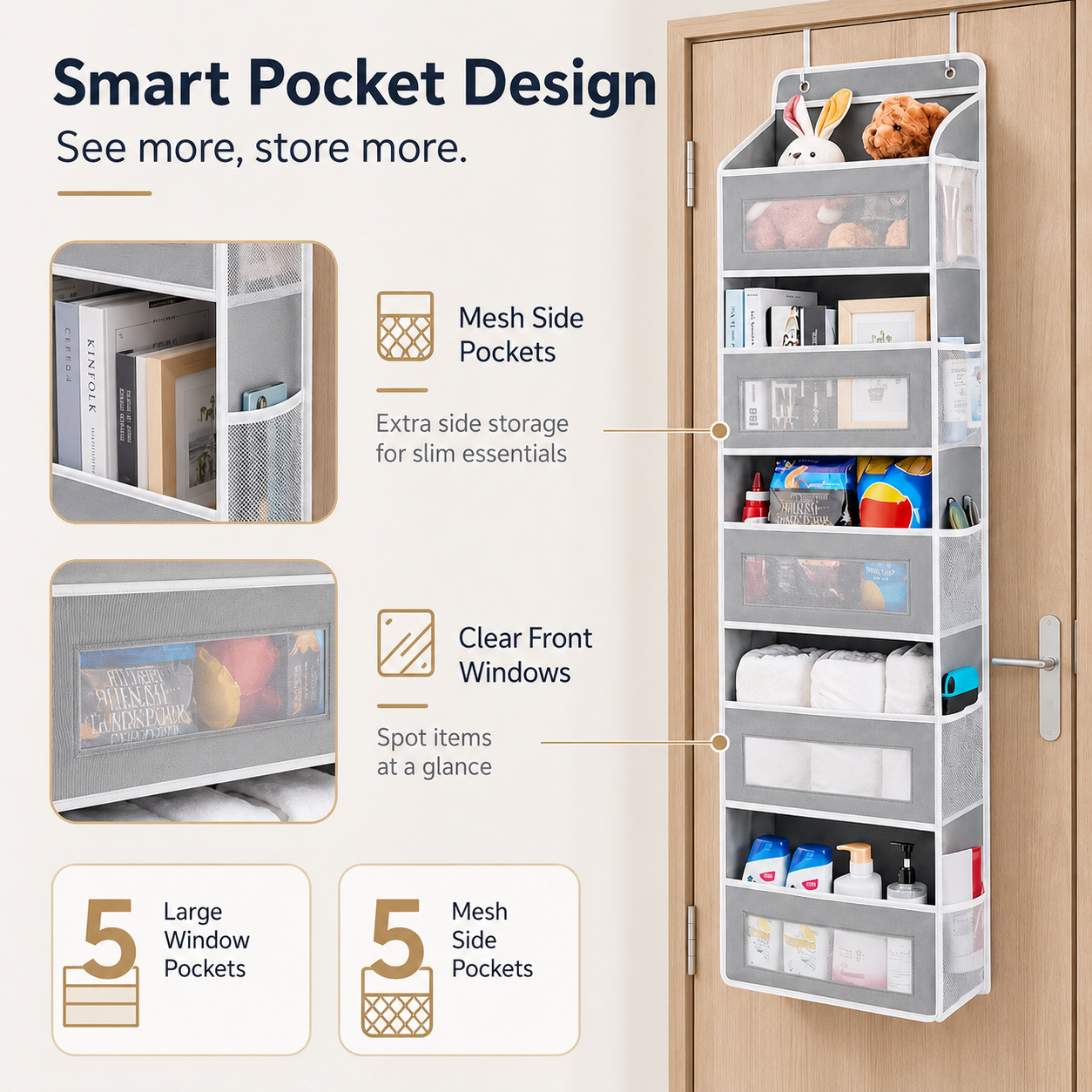 🔥 50% OFF 5-Tier Over-the-Door Organizer – Extra Side Mesh Pockets for More Storage 🚪