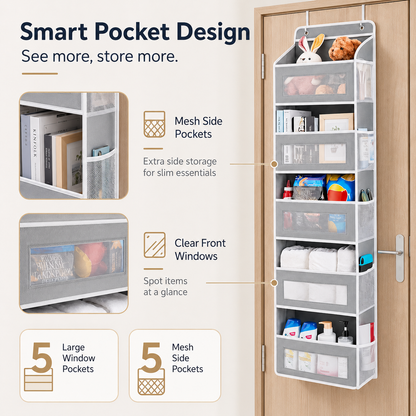 🔥 50% OFF 5-Tier Over-the-Door Organizer – Extra Side Mesh Pockets for More Storage 🚪