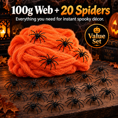 🎃 50% OFF Halloween Stretch Spider Web Set – 100g Web + 20 Spiders
