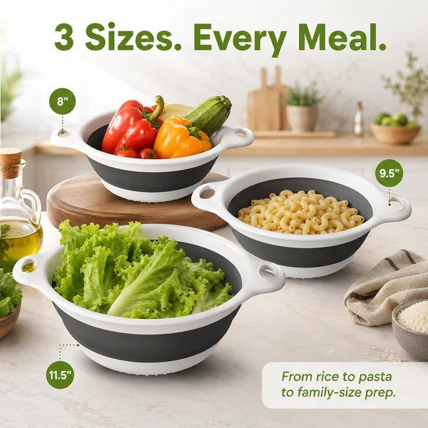 🔥 49% OFF 3-Piece Collapsible Colander Set 🥗 Self-Draining Silicone Kitchen Strainer