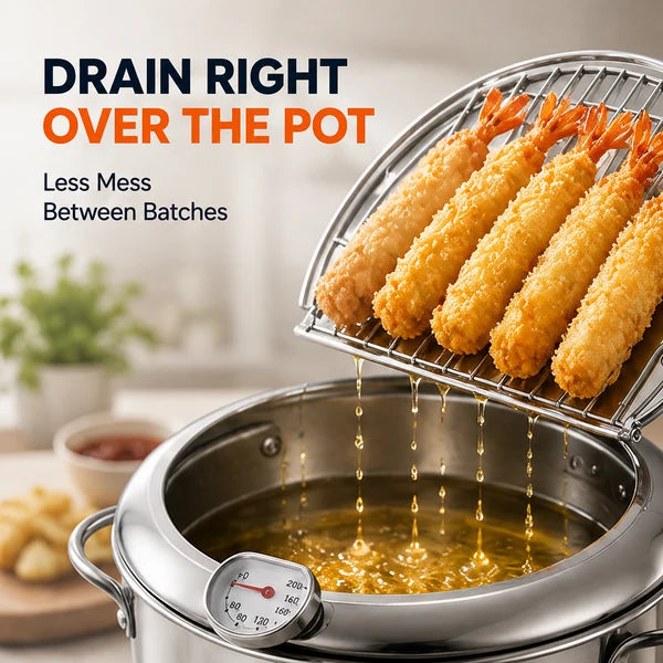 🔥 48% OFF 304 Stainless Steel Deep Fryer Pot 🍗 Stovetop Fryer With Thermometer & Oil Drain Rack