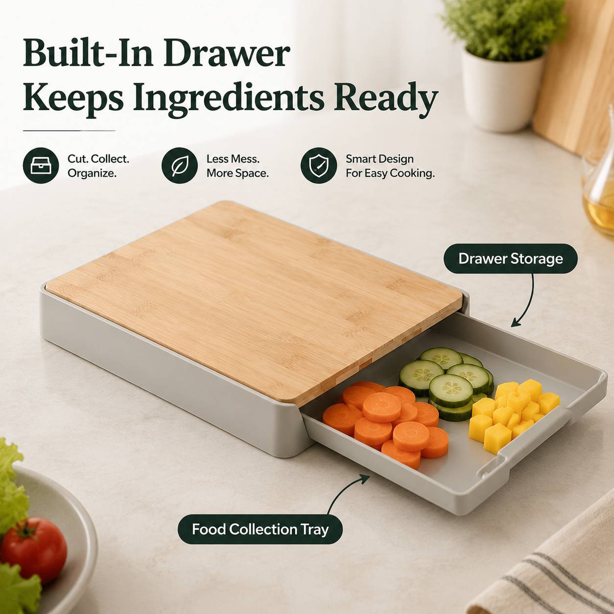 Cutting Board Drawer Set with Tray and Lid