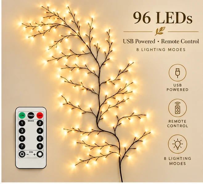 🎄 Flexible Christmas Vine Branch Wall Lights with 8 Modes & Remote Control ✨