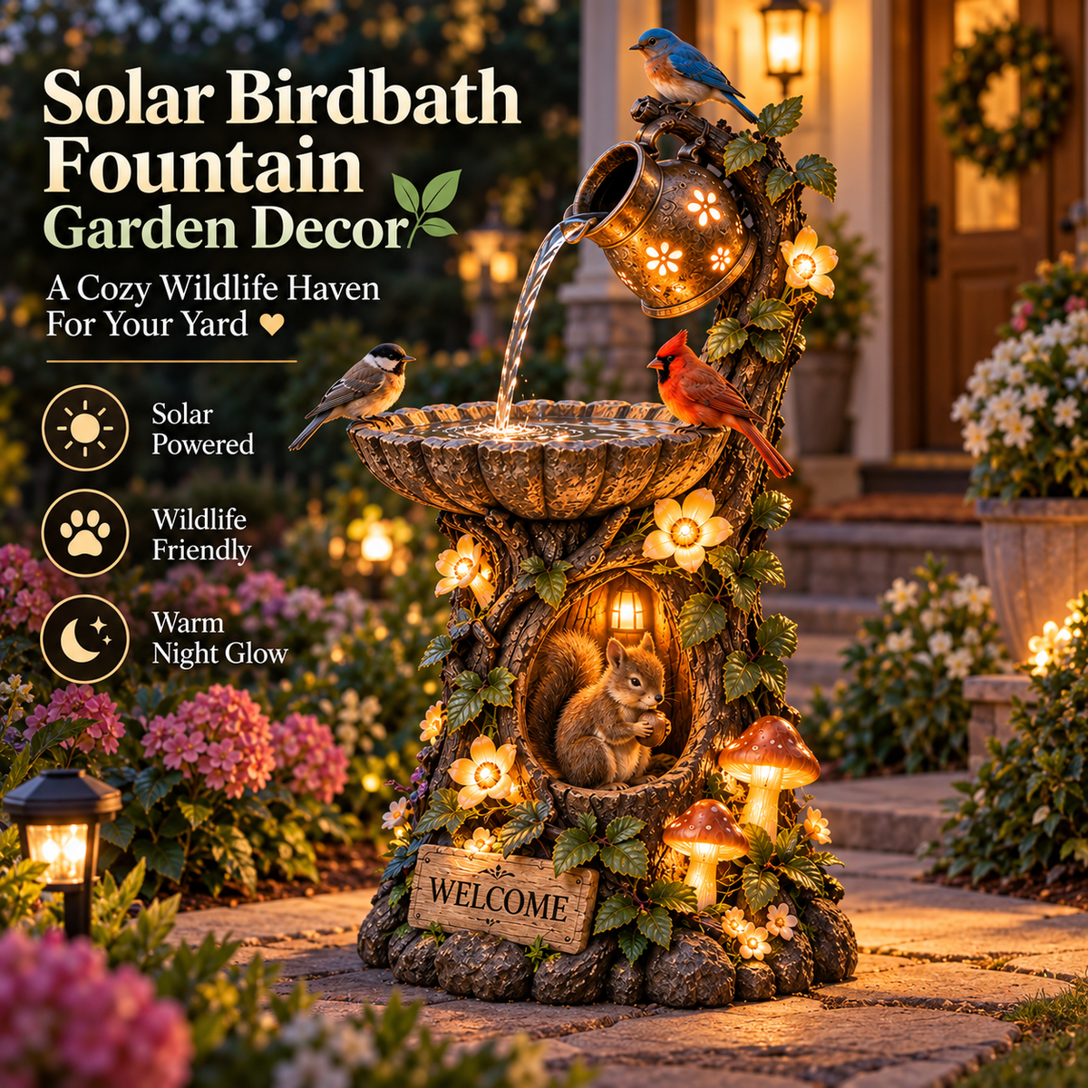 🐿️ Solar Birdbath Fountain Garden Decor – A Cozy Wildlife Haven for Your Yard