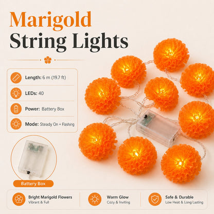 🎃 40% OFF Today 🌼 Orange Marigold LED String Lights – Light Up Your Halloween with a Warm Floral Glow ✨
