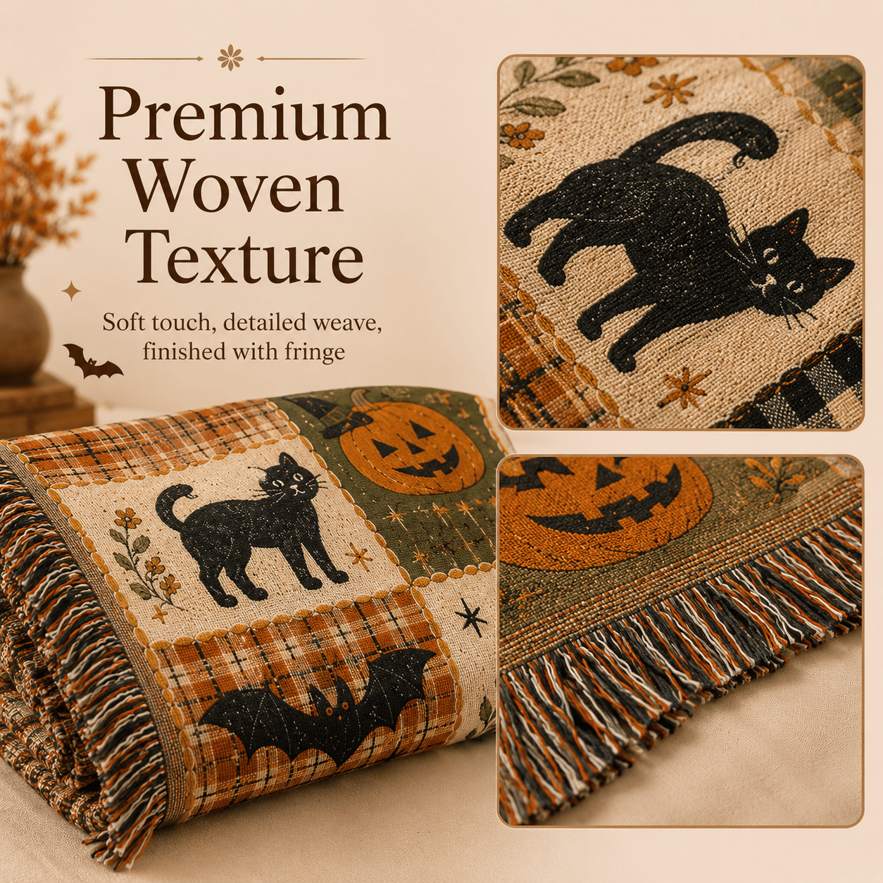 🎃 50% OFF Vintage Halloween Woven Throw 🍂 12-Tile Jacquard Blanket with Fringe