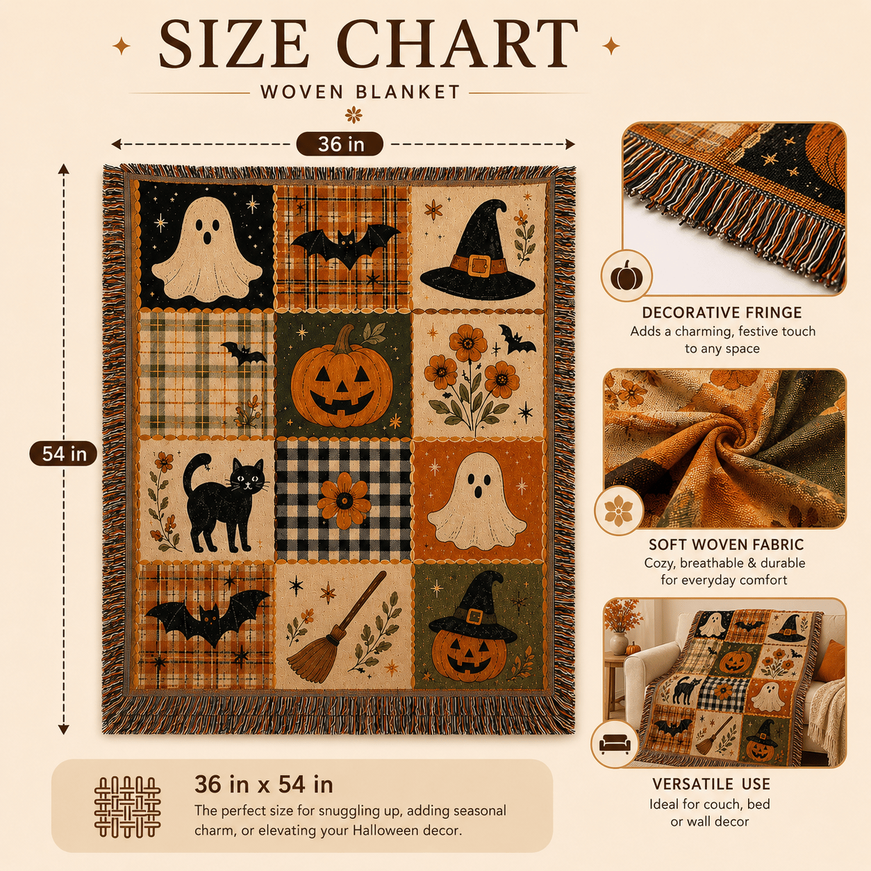 🎃 50% OFF Vintage Halloween Woven Throw 🍂 12-Tile Jacquard Blanket with Fringe
