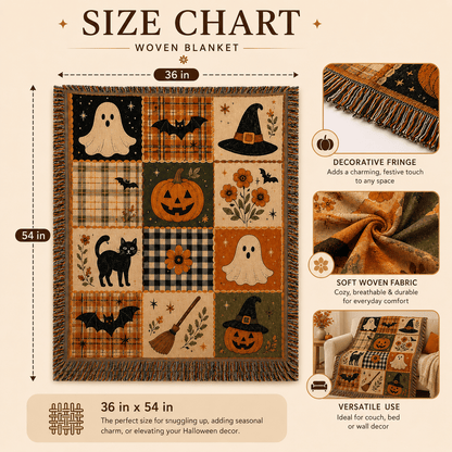 🎃 50% OFF Vintage Halloween Woven Throw 🍂 12-Tile Jacquard Blanket with Fringe